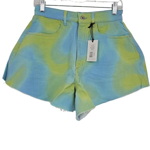 Revolve Weworewhat Womans 27 Flare Bell Shorts Stretch Twill Denim Tie Dye NEW - Picture 1 of 8